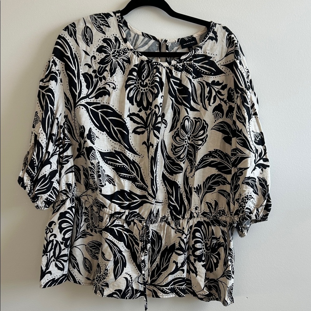 Who What Wear Black and White Floral Blouse, 1X, tie at waist, linen blend